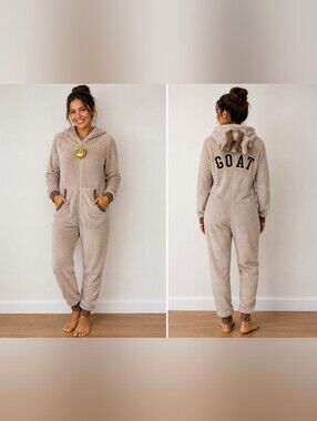 Plush Hooded GOAT Jumpsuit Taupe Pajamas Costume